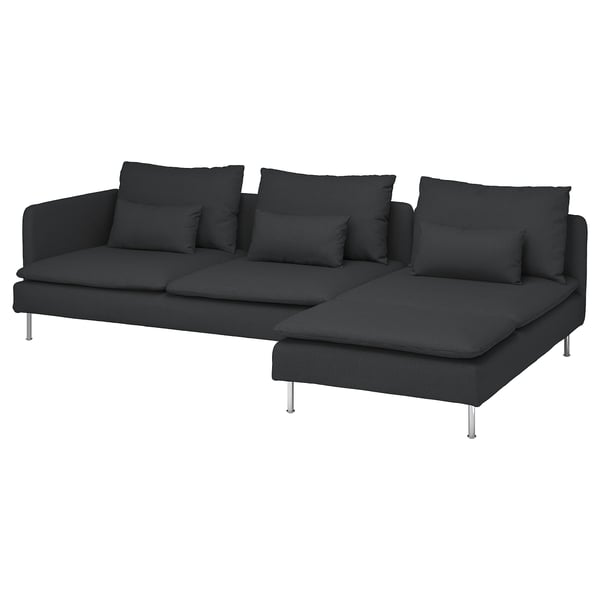 SÖDERHAMN; dark grey sofa; low, deep; fabric; corner chaise; metal legs.