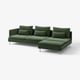 A dark green, modern l-shaped sofa with removable cushions.