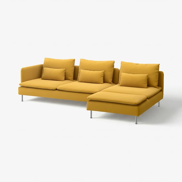 Mustard yellow SÖDERHAMN sectional sofa, airy design, high legs, loose cushions.