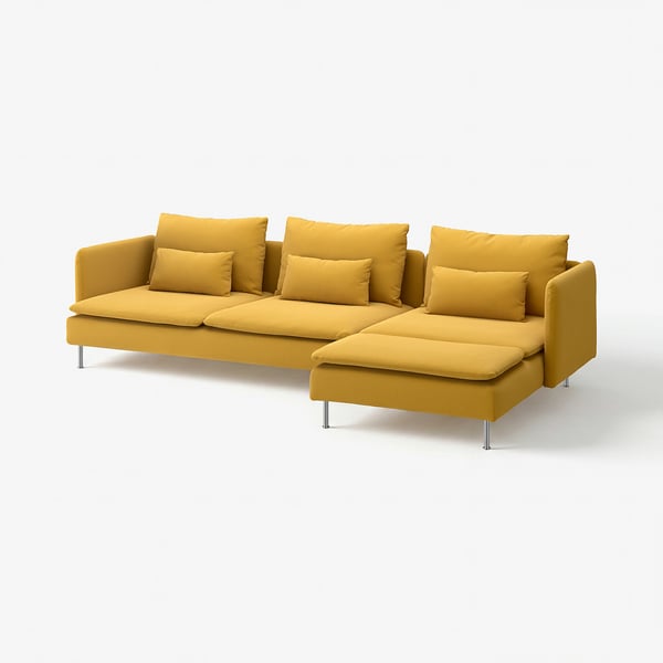 Sophisticated yellow l-shape sofa, modern design with comfy deep seats.