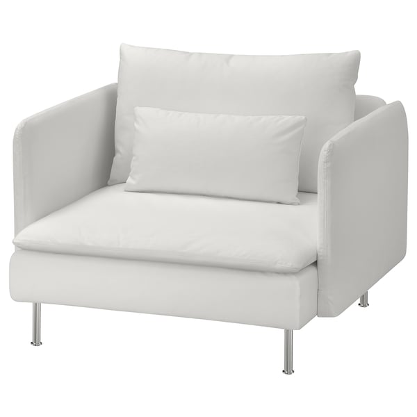 Modern white upholstered chair with sleek metal legs, minimalist design.