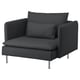 Dark gray SÖDERHAMN armchair with wave-patterned cushions, deep seats, and high legs.