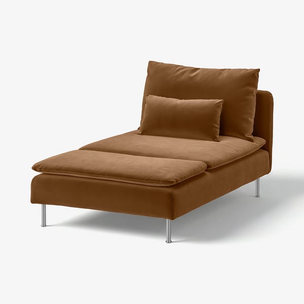 Soderhamn chaise longue: tan, modern, low, plush velvety upholstery, chrome legs, deep seating, inviting.