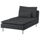 Modern black chaise lounge with pillows, sleek metal legs, deep seat, textured dark grey fabric, stylish minimalist design.