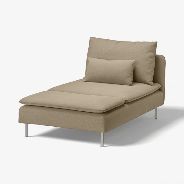 Modern beige fabric chaise lounge, sleek metal legs, reclined seat, two cushions.