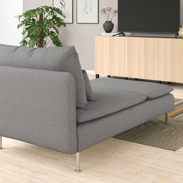 Modern grey SÖDERHAMN chaise longue with metal legs in stylish living room, slightly smaller than the tv stand.
