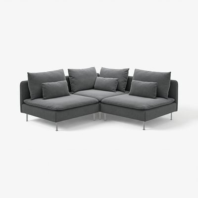 Modern, grey, l-shaped SÖDERHAMN sofa with cushions, metal legs, deep seats.