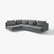 Modern grey l-shaped sectional sofa with sleek metal legs and numerous cushions.