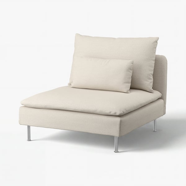 The SÖDERHAMN chair in beige with a corner shape and plush cushions on metal legs.