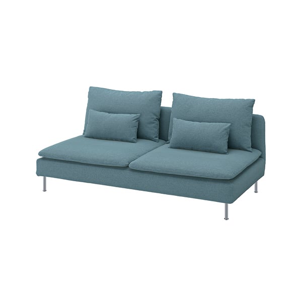 A blue SÖDERHAMN sofa with metal legs and a textured cover.