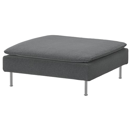 Grey upholstered square ottoman with chrome legs, modern minimalist design.