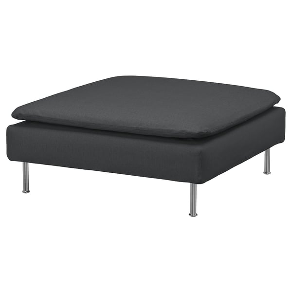 A black SÖDERHAMN footstool with a square shape, four metal legs, and a removable cover.