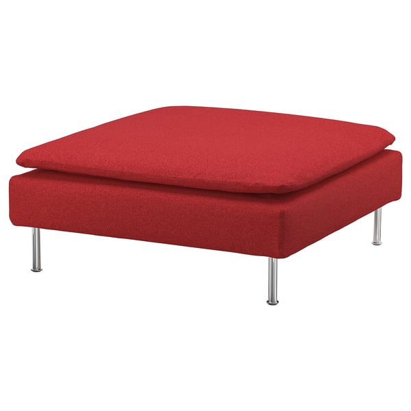 SÖDERHAMN footstool, red, square, soft fabric, chrome legs.