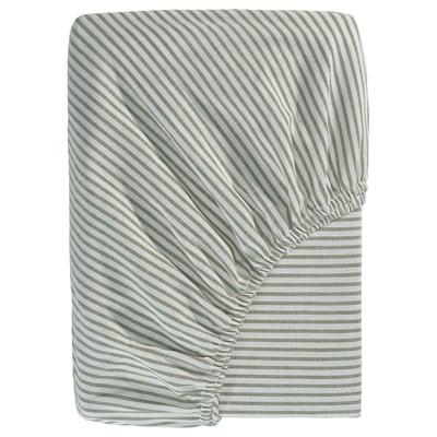 Grey and white striped cotton bed sheet, rectangle shape.