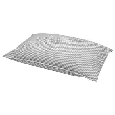 The SOLFIBBLA pillow, a rectangular, grey and white striped cotton pillow. Its design thin, even lines and a smooth, flat surface.