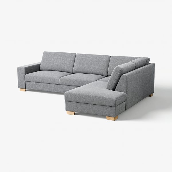 SÖRVALLEN grey l-shaped sofa, modern scandinavian design, light wood legs, grey tweed fabric.