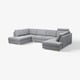 Modern grey u-shaped sofa, light wood legs, minimalist style.