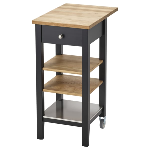 STENSTORP kitchen trolley, black & natural wood, 3 shelves, single drawer, castors.