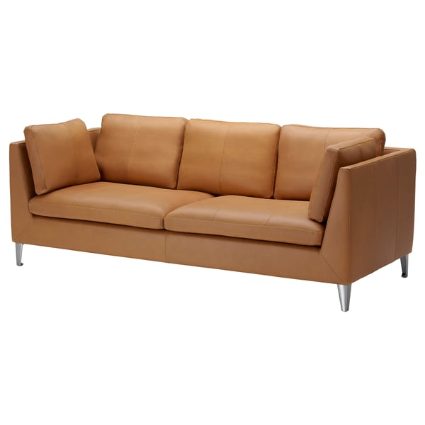 STOCKHOLM tan leather couch, modern minimalist design, with chrome legs and cushioned seats.