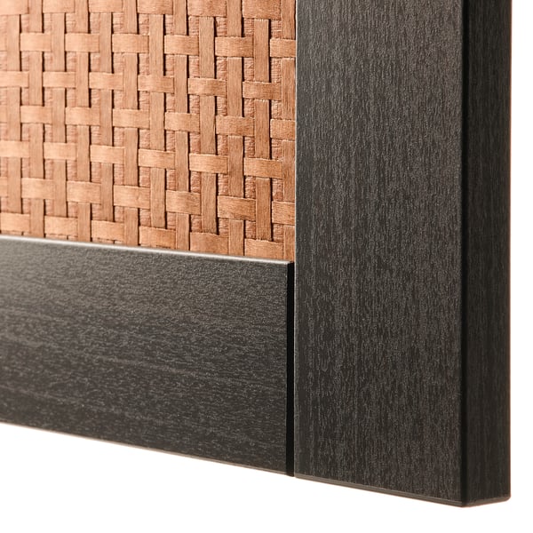 Close-up of woven wood drawer front; shows textured finish and dark brown frame.