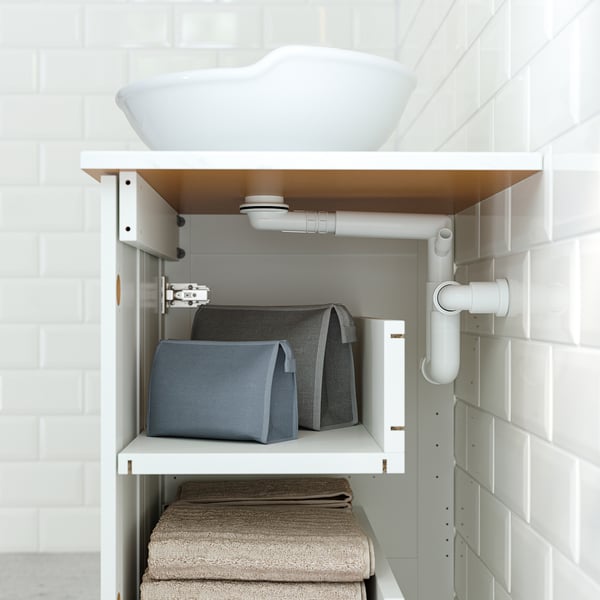 TÄNNFORSEN / VÄSTERSJÖN Wash-stnd w doors/wash-basin, white/white marble effect, 62x49x79 cm
