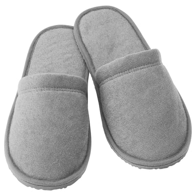 Pair of grey TÅSJÖN slippers, soft fabric, closed toe, good grip sole.