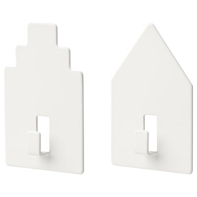 Two minimalist white wall hooks for light items.