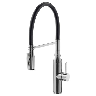 A TOLLSJÖN chrome kitchen tap with a black curved spout and a chrome handle, made of brass.