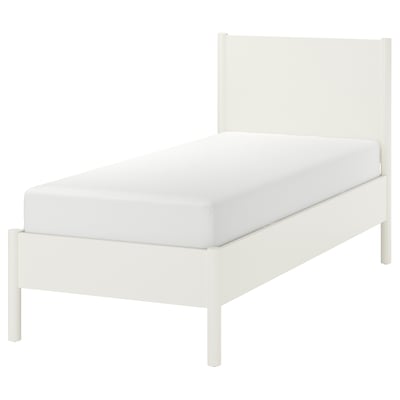 Minimalist white TONSTAD bed, sleek modern design, sturdy construction.