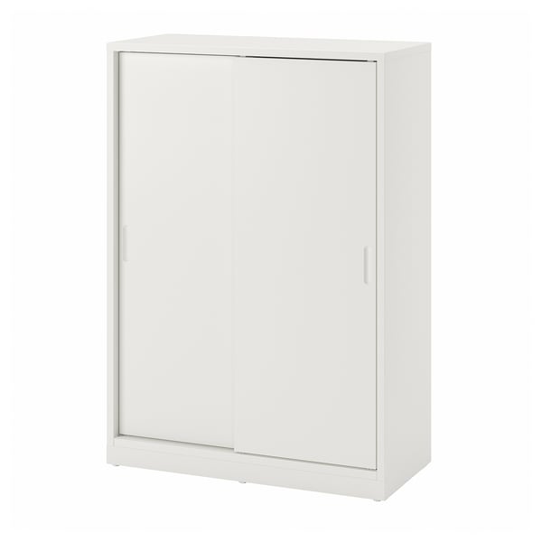 Off-white storage cabinet with sliding doors, modern design.