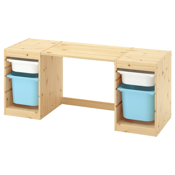 TROFAST Desk with storage boxes, light white stained pine/white light blue, 124x44x52 cm