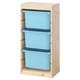 Ikea TROFAST: light wood frame, 3 blue plastic bins, open front, simple storage.