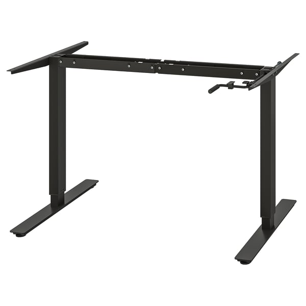 Black trottén desk base, adjustable, metallic, sleek design with side handles.