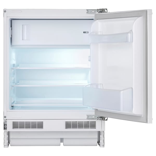 White integrated fridge with freezer, open door showcasing shelves and drawer.
