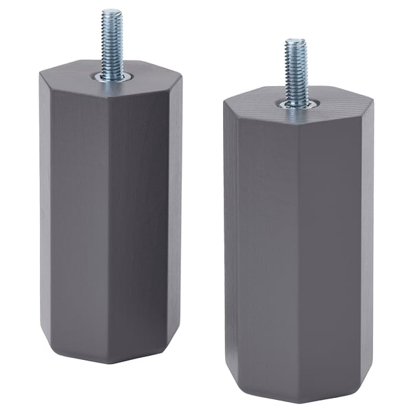 Two grey ULLARP wood furniture legs with threaded tops; sleek, hexagonal design.