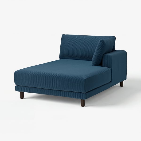 Blue UPPÅKRA chaise sofa with wooden legs, deep cushions, inviting & stylish.