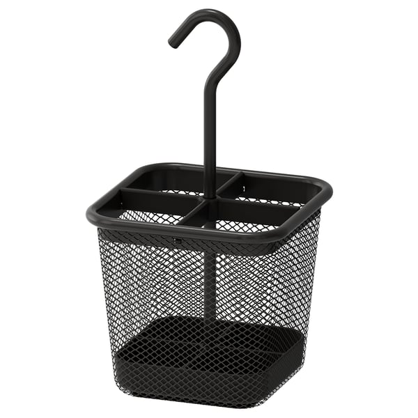 Black UPPDATERA cutlery stand, square mesh shape, 4 compartments, metal handle.