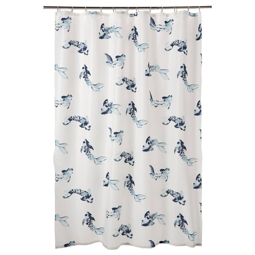 The VATTENSJÖN shower curtain is white with blue fish patterns, made from recycled polyester. Its rectangular with a rod pocket top for hanging.