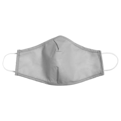 Grey face mask with white elastic straps and metal nose clip.