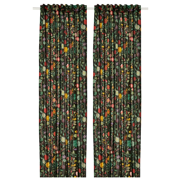Black and green floral curtains with colourful flowers, made of cotton and ramie.