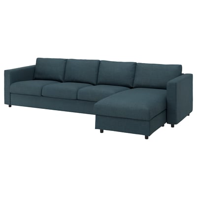 VIMLE sofa: teal, l-shaped, fabric cover with dark wooden legs.