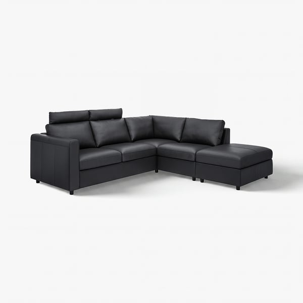 Black IKEA VIMLE sectional sofa with modern design, including seats, corner, footstool with storage, and headrests.