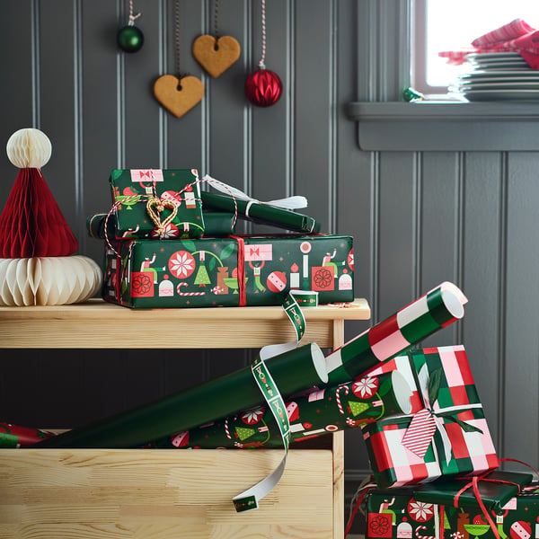 VINTERFINT Gift wrap roll, mixed patterns green/red, 3x0.7 m/2.10 m²