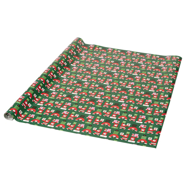 Green gift wrapping paper with red, white, and santa claus designs.