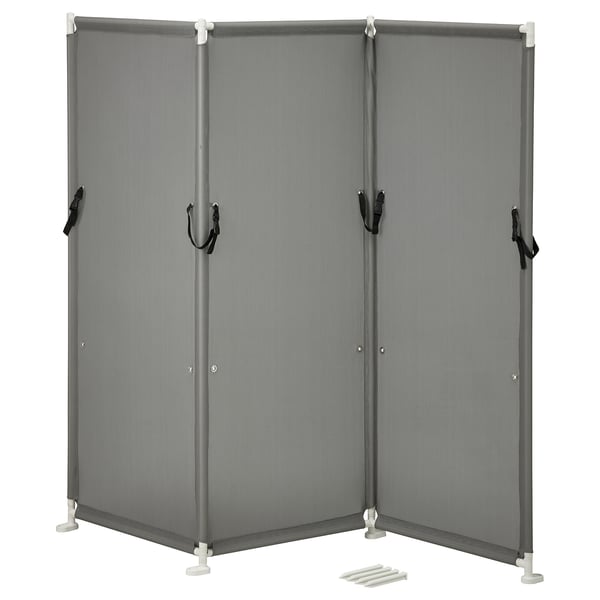 YTTERSKÄR 3-panel grey outdoor privacy screen, durable polyester & steel, modular design.