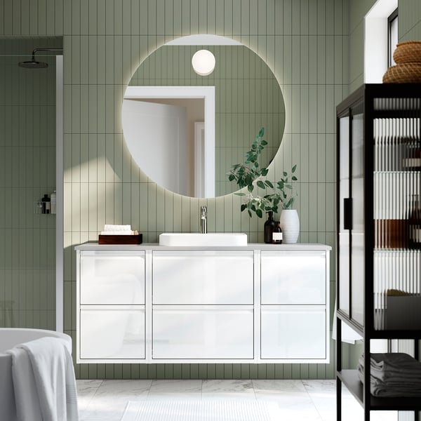 ÄNGSJÖN / BACKSJÖN Wash-stand/wash-basin, high-gloss white/grey stone effect, 142x49x71 cm