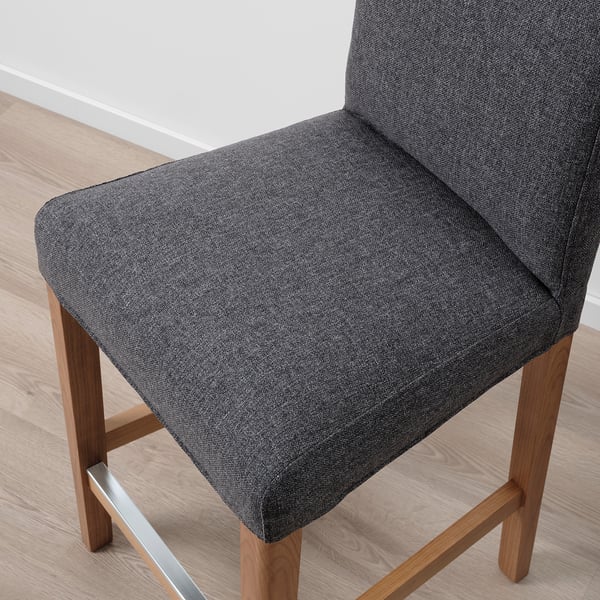 BERGMUND Bar stool with backrest, counter height oak effect/Gunnared medium grey, 62 cm