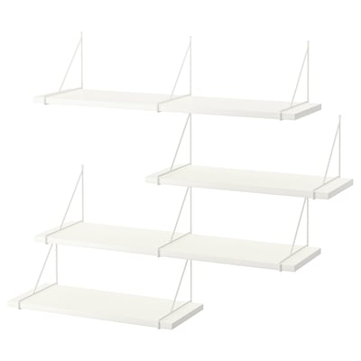 White BERGSHULT wall shelf set. Three rectangular shelves with minimalist metal brackets, clean design, bevelled edge option.