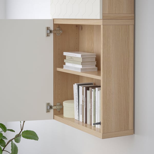 Wooden wall-mounted cabinet displaying books, showcasing organised storage solution.
