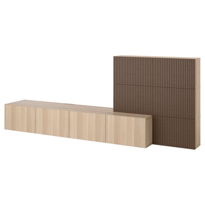 BESTÅ Media storage combination, white stained oak effect Lappviken/Björköviken brown, 300x42x114 cm